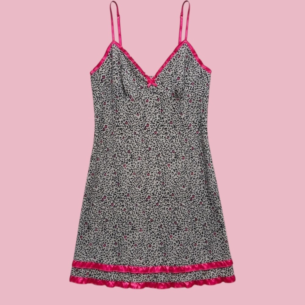 Leopard Print Ruffle Nightgown Pink Grey Vintage Y2K Large Sexy Stretchy Slip
